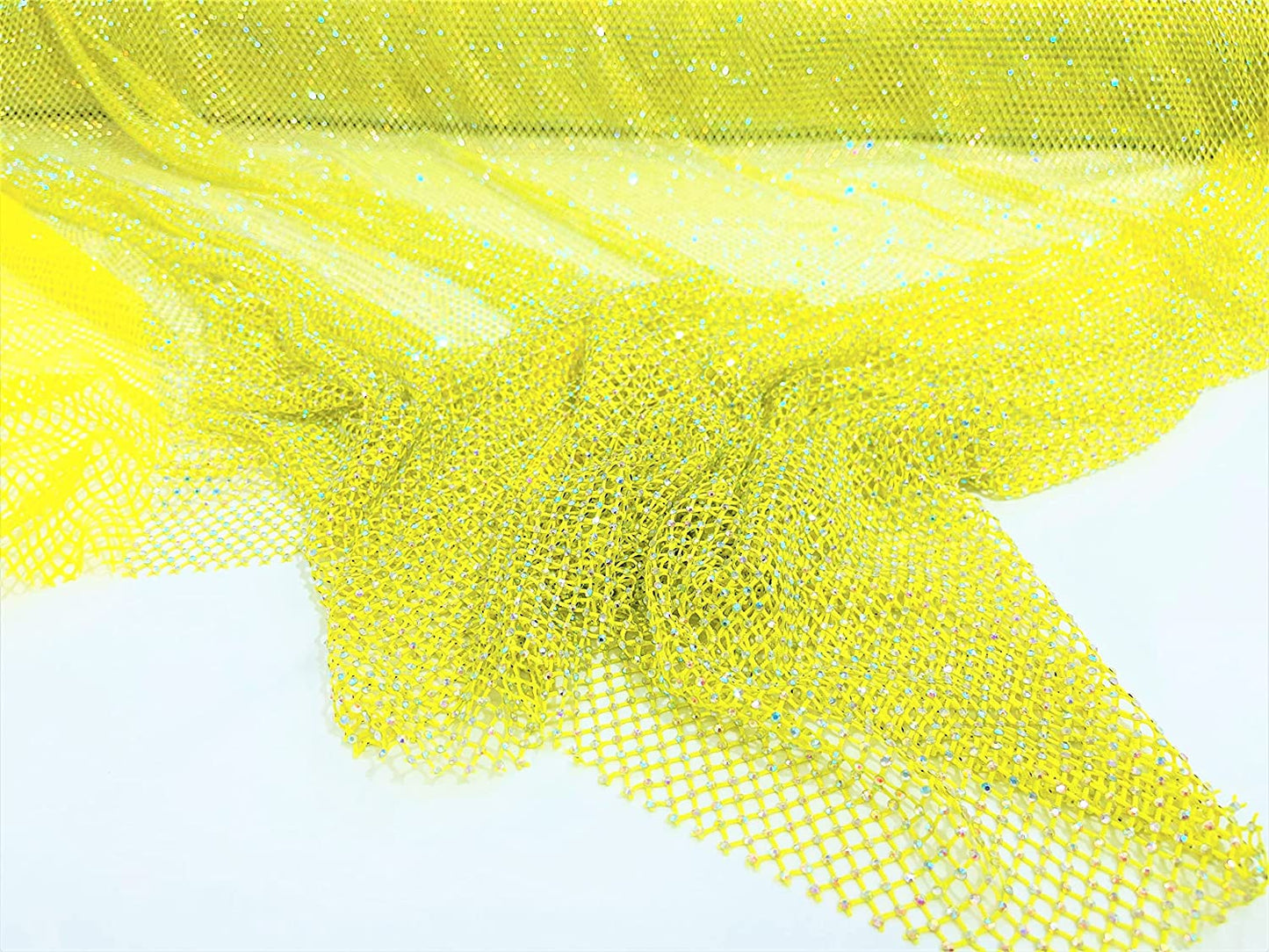 45" Wide AB Iridescent Rhinestone On Soft Stretch Fish Net Fabric by The Yard (1 Yard, Iridescent Rhinestones on Yellow Mesh)