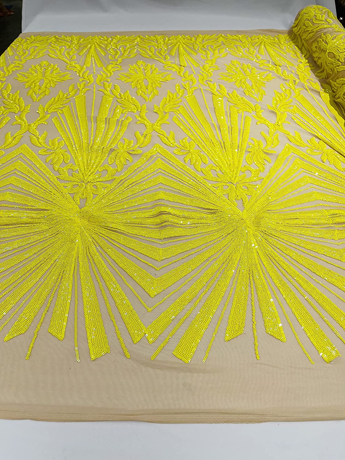 Diamond Damask Design On A Nude 4 Way Stretch Mesh/Prom Fabric (1 Yard, Yellow on Nude)