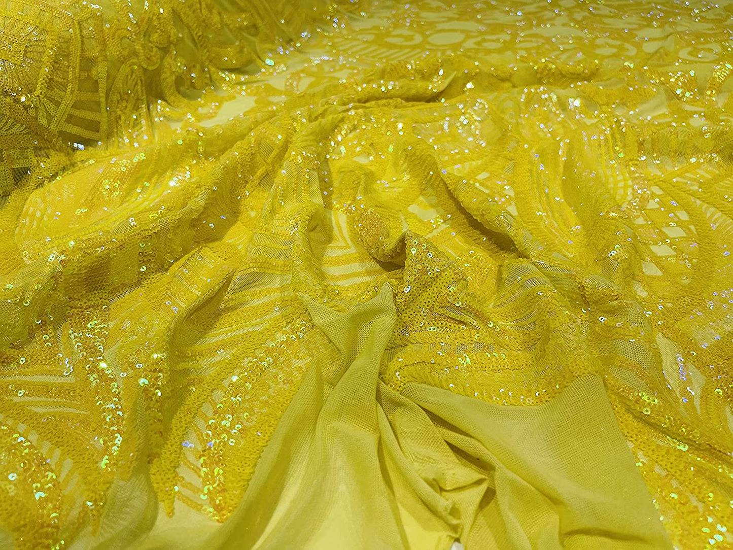 Iridescent Royalty Design On A 4 Way Stretch Mesh/Prom Fabric (1 Yard, Yellow Iridescent on Yellow Mesh)
