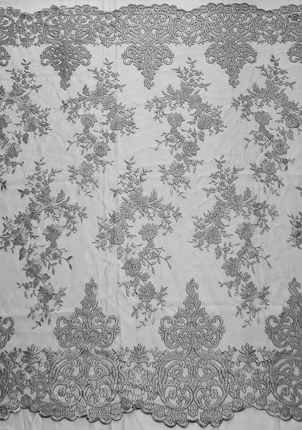 54" Wide Elegant Flower Damask Flat Lace Embroidery On A Mesh (1 Yard, Silver/Grey)