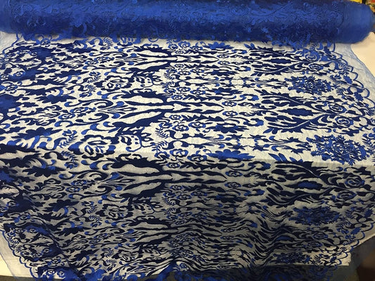 Royal Blue Damask Design Embroider On A 2 Way Stretch Mesh Lace Fabric-new-