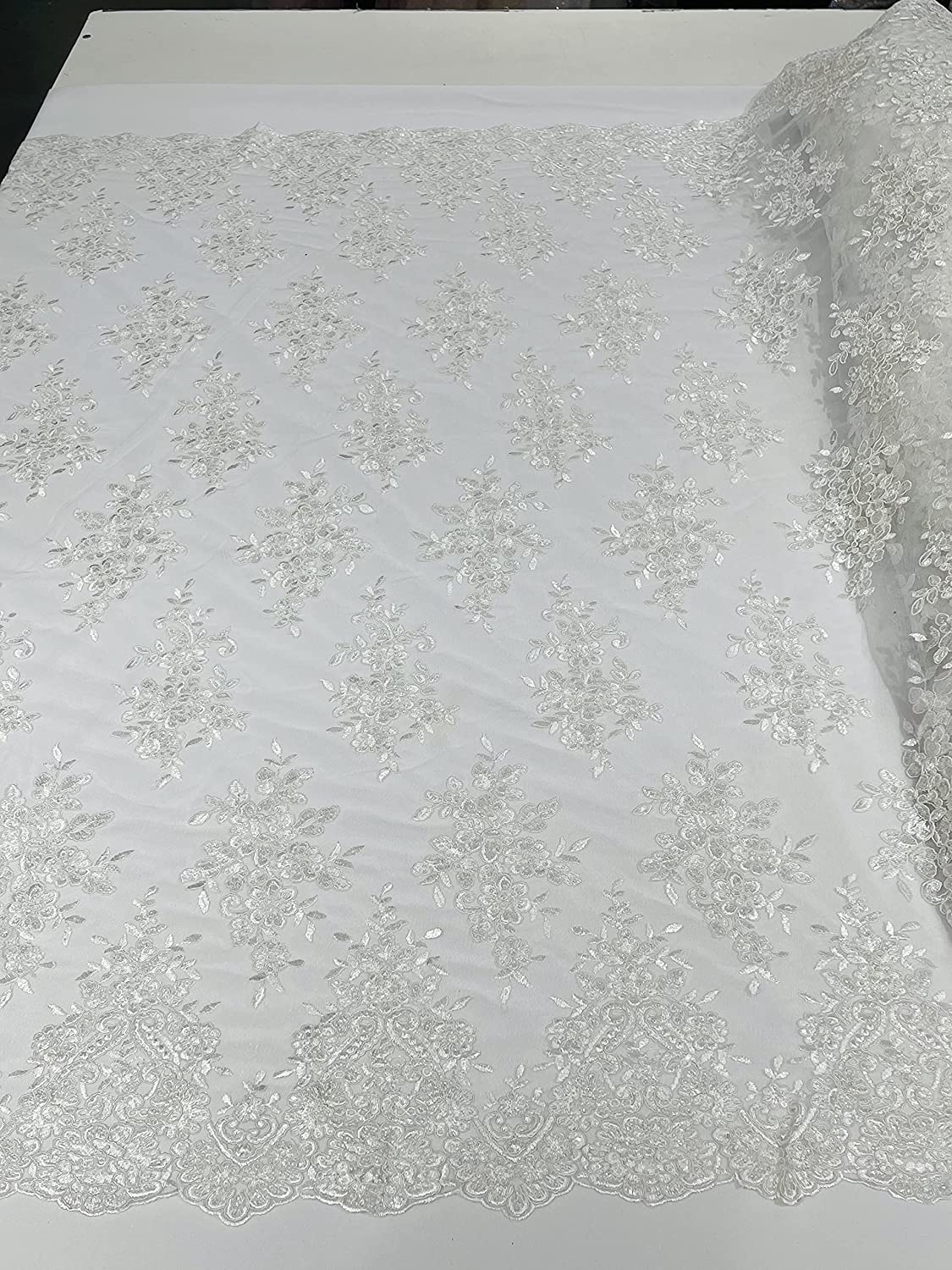 50" Wide Floral Design Embroidery On A Mesh Lace with Sequins and Cord Fabric (1 Yard, White)