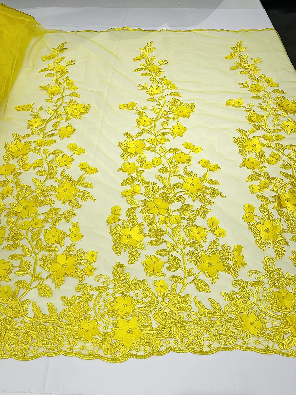 Emily 3-D Floral Design Embroider with Pearls On A Mesh Lace Fabric (1 Yard, Bright Yellow)