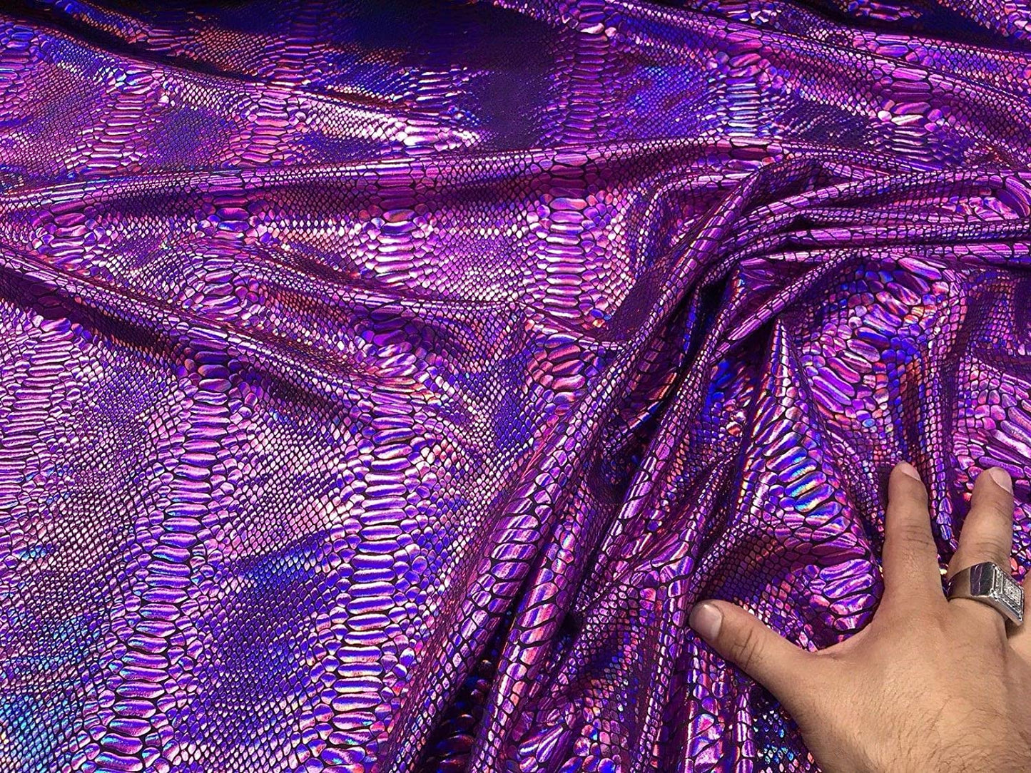Iridescent Snake Skin Print On A Nylon 2 Way Stretch Spandex Fabric BY The Yard. (Purple on Black)