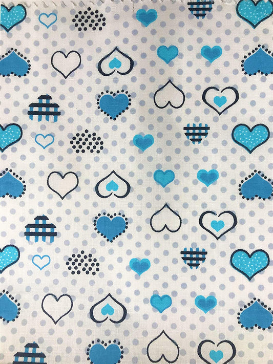 Heart Shapes and Dots Print Poly Cotton Fabric, Sells by The Yard, Blue/Whte