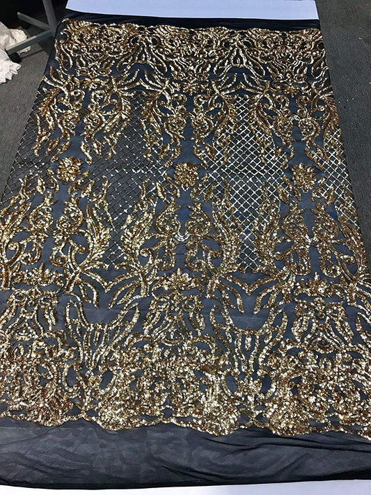 GOLD SHINY SEQUIN DAMASK DESIGN EMBROIDERY ON A BLACK 4 WAY STRETCH MESH-1 YARD.