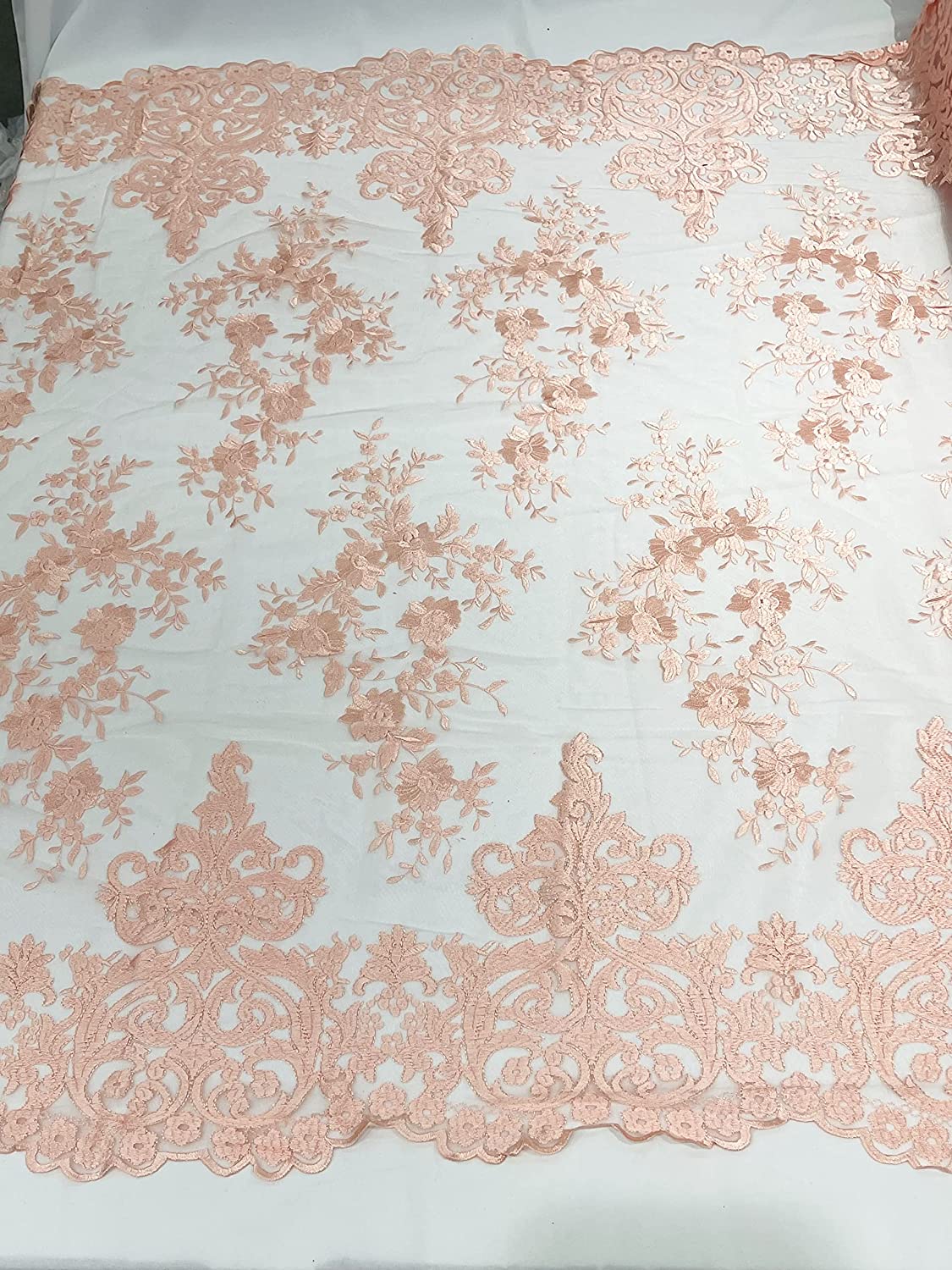 54" Wide Elegant Flower Damask Flat Lace Embroidery On A Mesh (1 Yard, Pink)