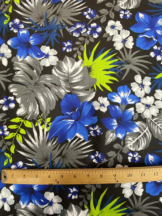 65% Polyester 35% Cotton Hawaiian Print Poly/Cotton Fabric, Good for Face Mask Covers (Royal Blue on Black, 1 Yard)