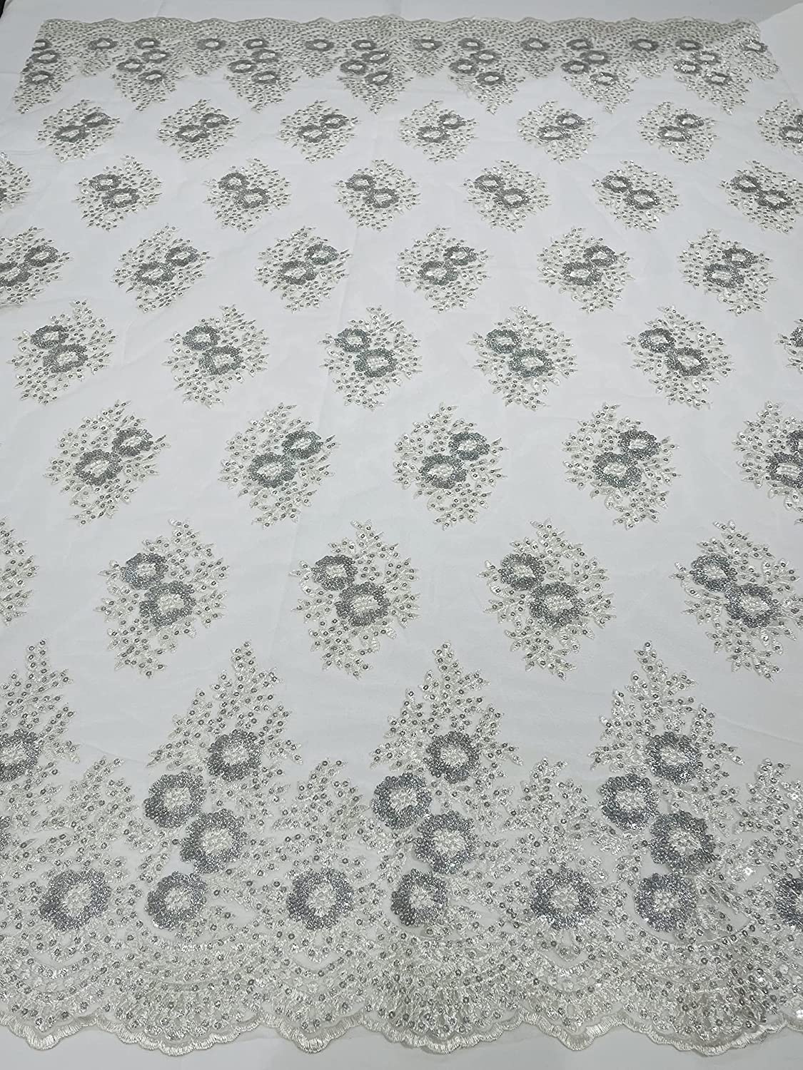 Emma Design Floral Corded Embroider with Sequins, Solid and with Glitter Mesh Lace Fabric (1 Yard, Glitter Mesh Silver on Off White Mesh)