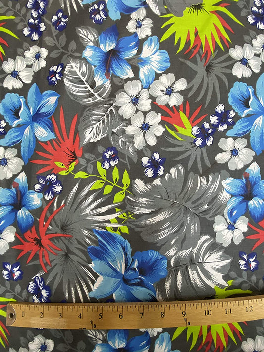 65% Polyester 35% Cotton Hawaiian Print Poly/Cotton Fabric, Good for Face Mask Covers (Grey on Grey, 1 Yard)