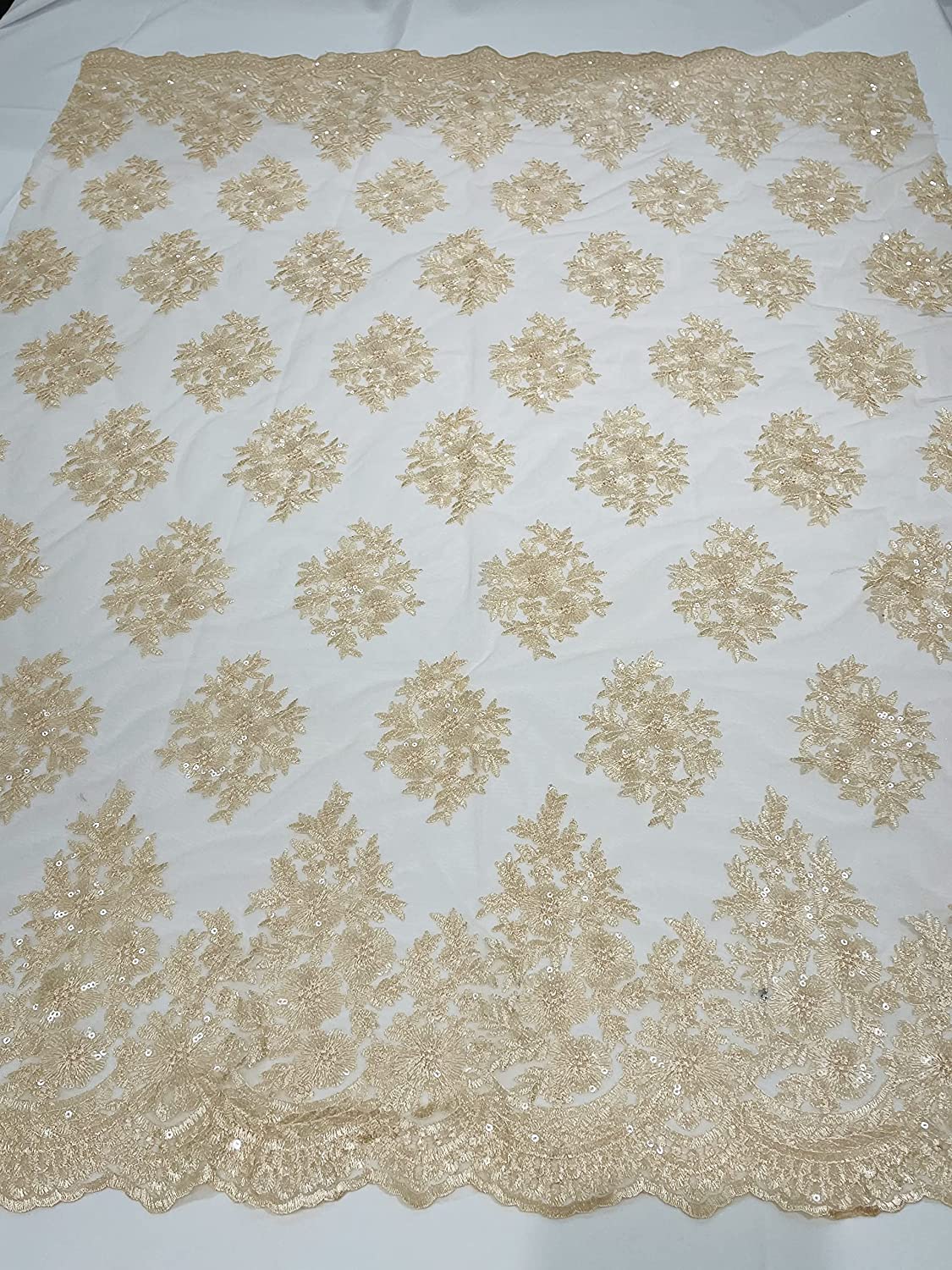 Emma Design Floral Corded Embroider with Sequins, Solid and with Glitter Mesh Lace Fabric (1 Yard, Solid Mesh Peach)