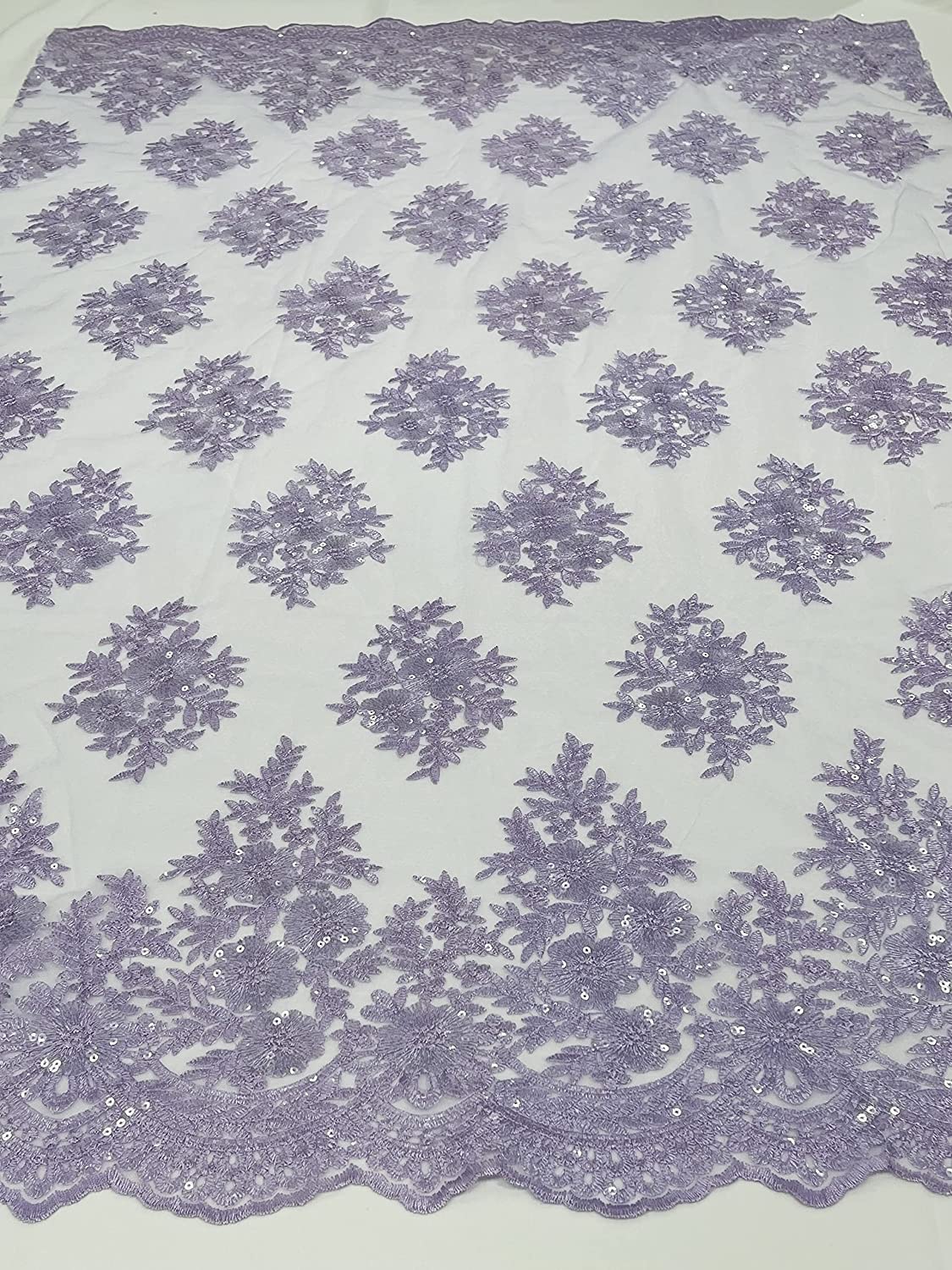 Emma Design Floral Corded Embroider with Sequins, Solid and with Glitter Mesh Lace Fabric (1 Yard, Solid Mesh Lavender)