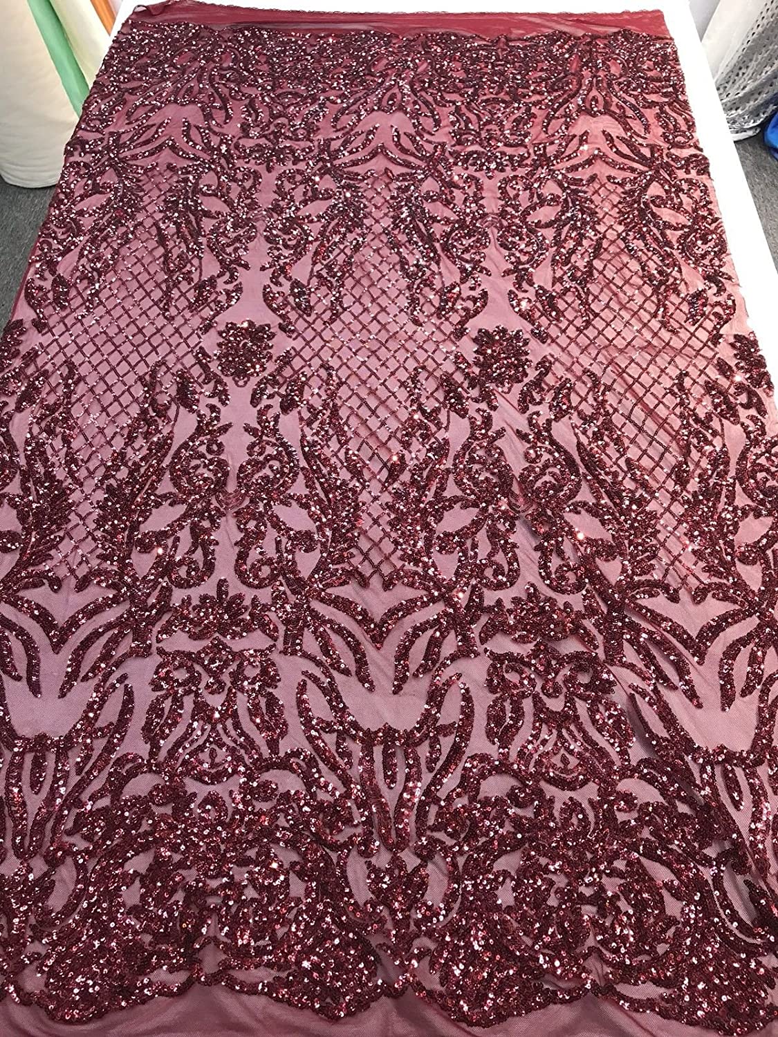 BURGUNDY SEQUINS DAMASK DESIGN EMBROIDERY ON A 4 WAY STRETCH MESH-SOLD BY YARD