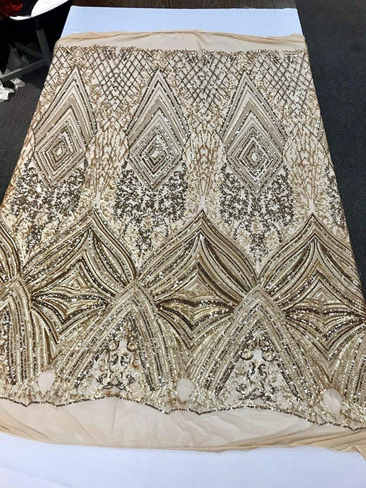 GOLD SEQUIN DIAMOND DESIGN EMBROIDERY ON A 4 WAY STRETCH MESH-SOLD BY YARD.