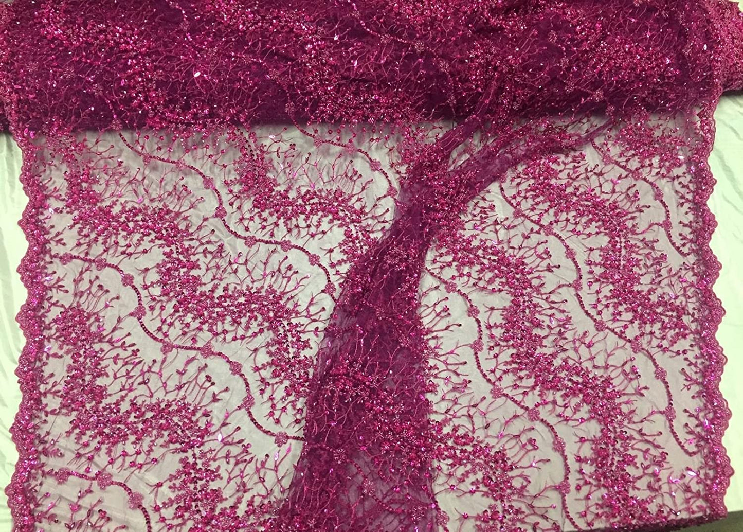 Fuchsia French Beaded Design Embroider On A Mesh-Prom-nightgown-sold By Yard.