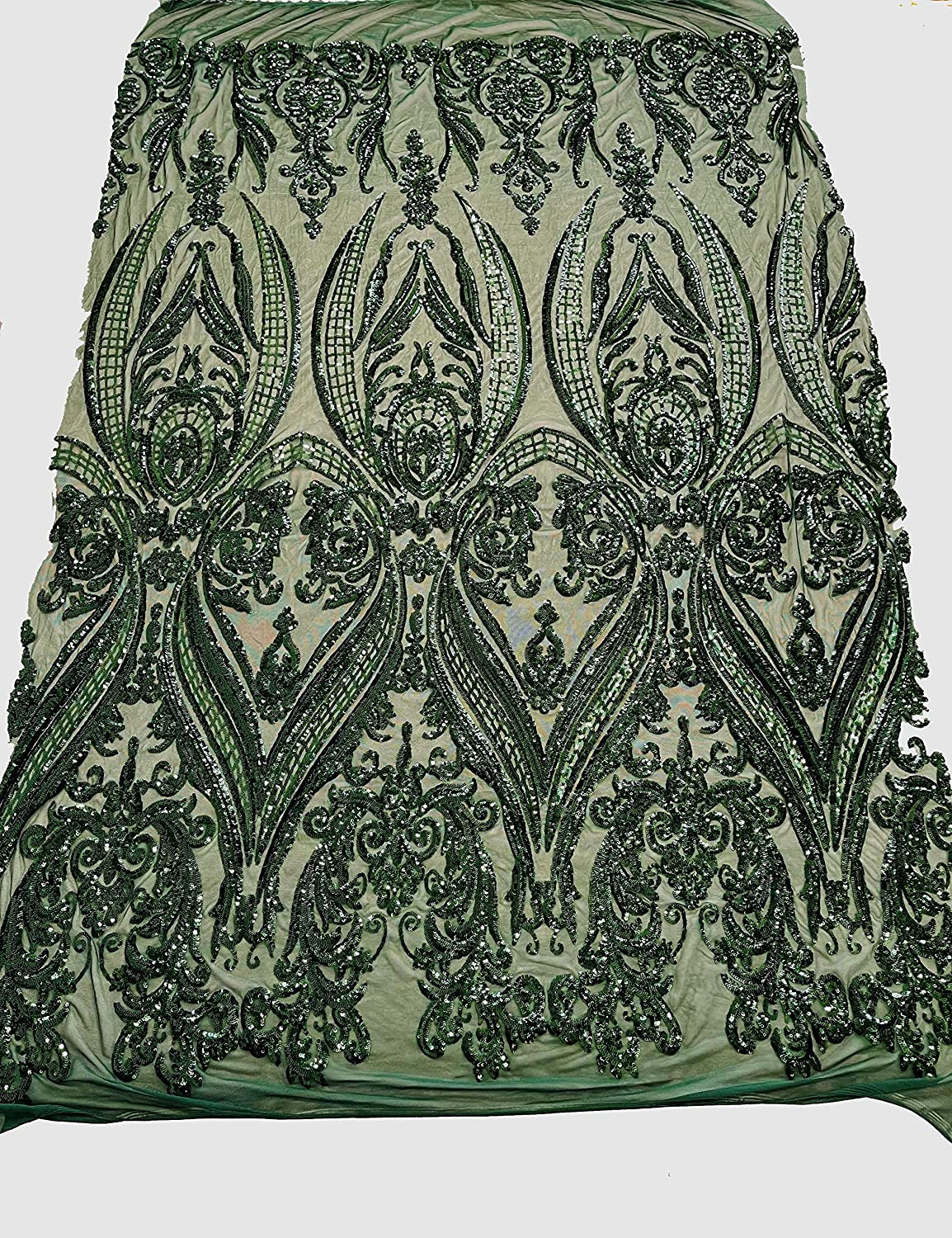 Empire Damask Design with Sequins Embroider On A 4 Way Stretch Mesh Fabric (1 Yard, Hunter Green)