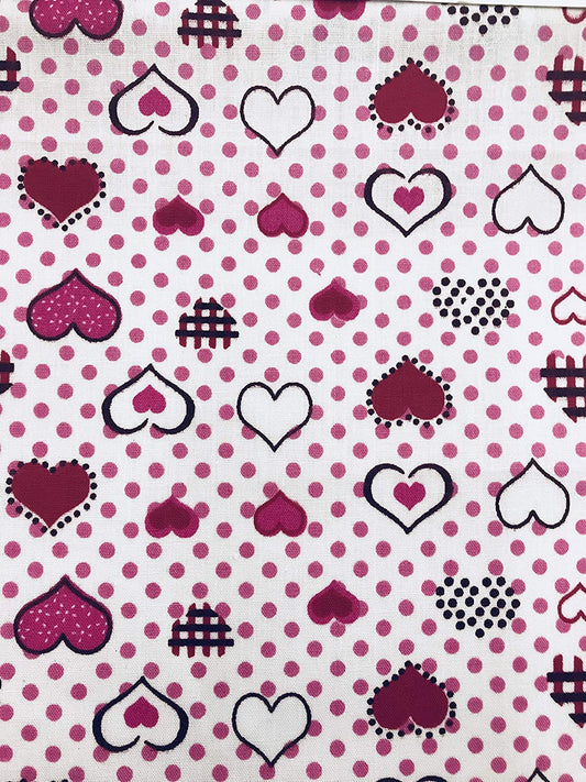 Red Hearts and Pink Dots Poly Cotton Print Fabric by The Yard