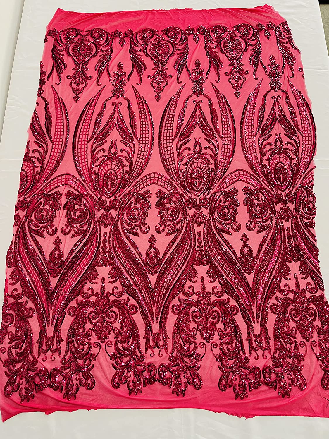 Empire Damask Design with Sequins Embroider On A 4 Way Stretch Mesh Fabric (1 Yard, Fuchsia)