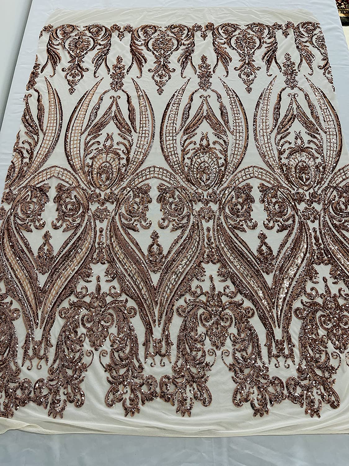 Empire Damask Design with Sequins Embroider On A 4 Way Stretch Mesh Fabric (1 Yard, Rose Gold on Nude)