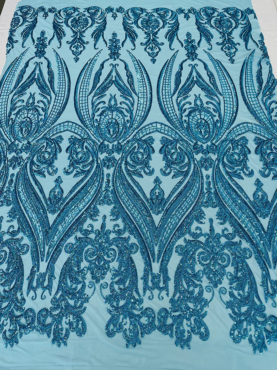 Empire Damask Design with Sequins Embroider On A 4 Way Stretch Mesh Fabric (1 Yard, Turquoise Hologram)