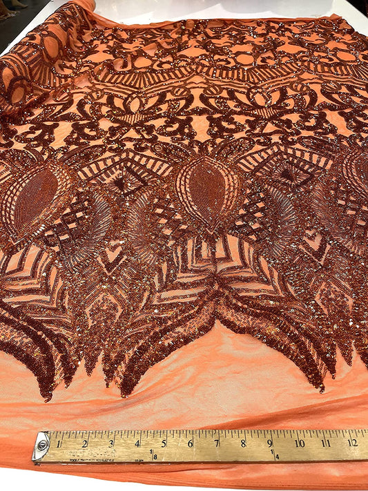 Iridescent Royalty Design On A 4 Way Stretch Mesh/Prom Fabric (1 Yard, Burnt Orange on Orange Mesh)