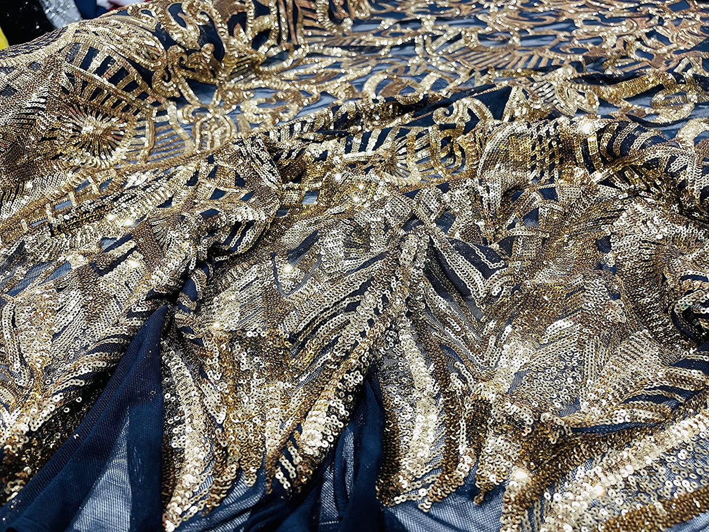 Iridescent Royalty Design On A 4 Way Stretch Mesh/Prom Fabric (1 Yard, Gold on Navy Blue Mesh)