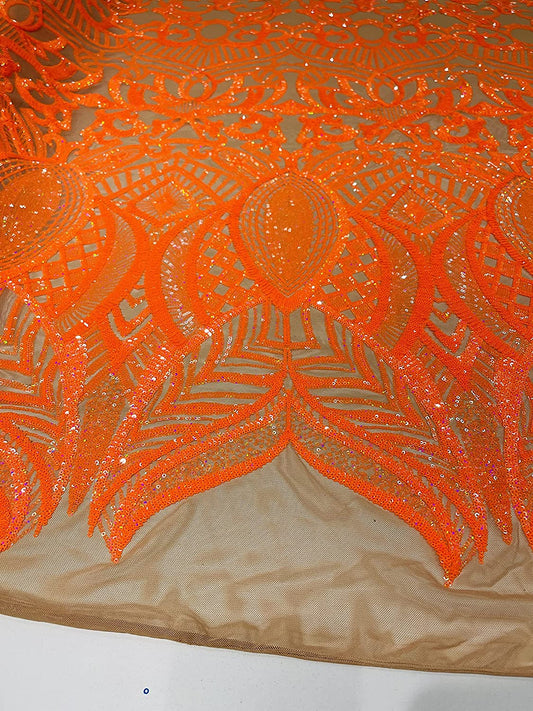 Iridescent Royalty Design On A 4 Way Stretch Mesh/Prom Fabric (1 Yard, Orange on Nude Mesh)