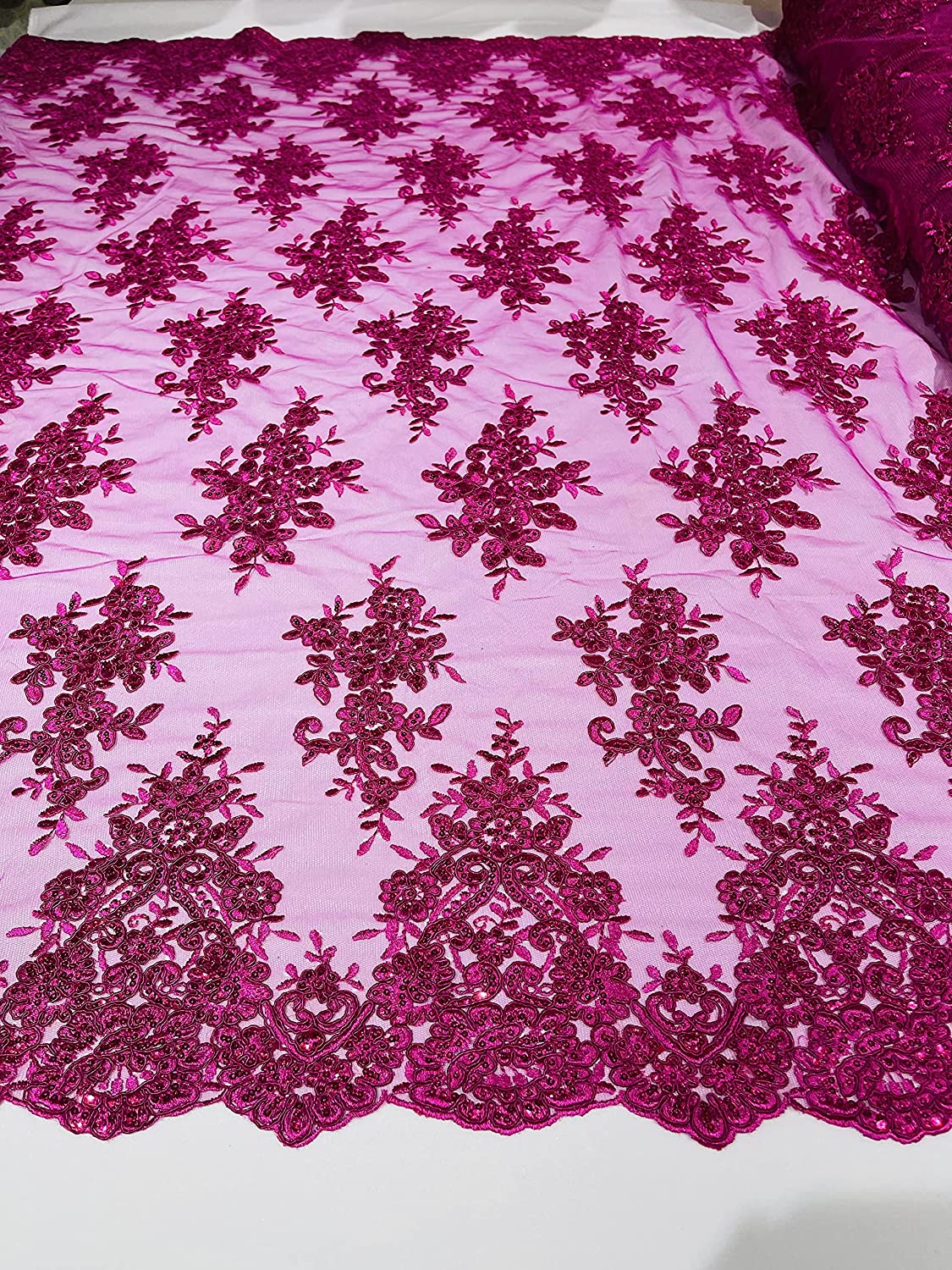 50" Wide Floral Design Embroidery On A Mesh Lace with Sequins and Cord Fabric (1 Yard, Fuchsia)