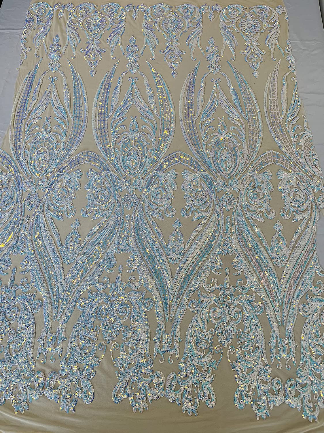 Empire Damask Design with Sequins Embroider On A 4 Way Stretch Mesh Fabric (1 Yard, Clear Aqua Iridescent on Light Nude Mesh)