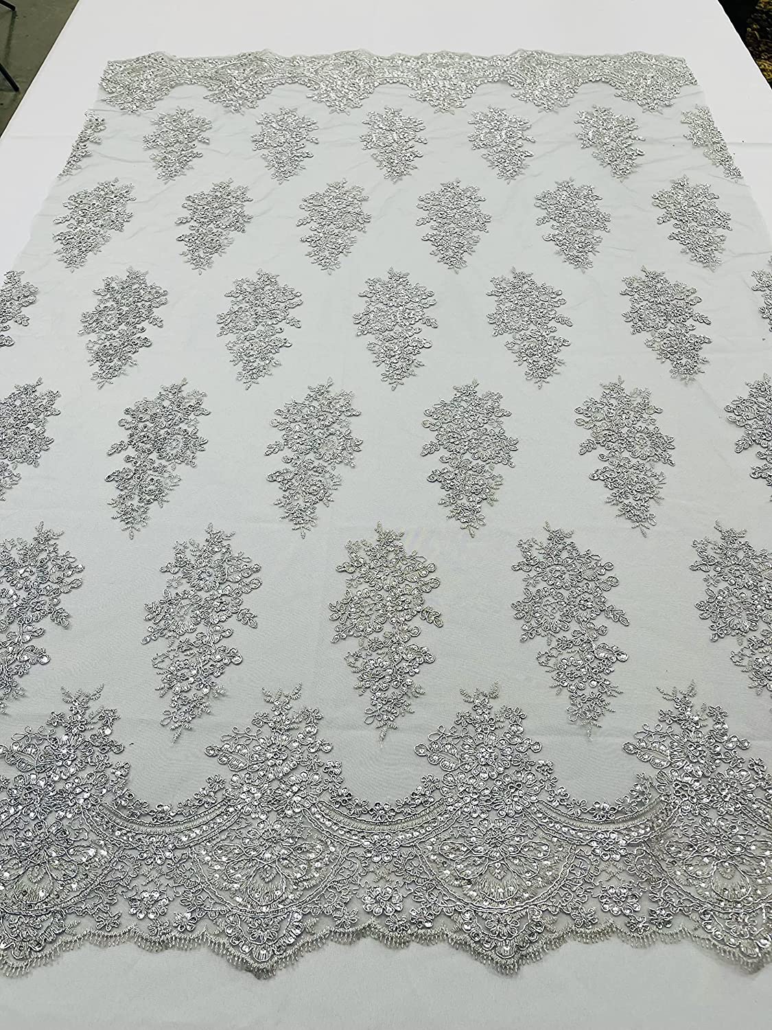 52/58" Wide Lexxi Embroidered with Clear Sequins On A Mesh Lace Fabric, Prom Fabric by The Yard (1 Yard, Silver)