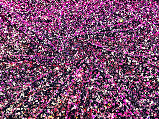 Shiny 5mm Sequin On A 2 Way Stretch Velvet (1 Yard, Clear Fuchsia/Gold Iridescent)