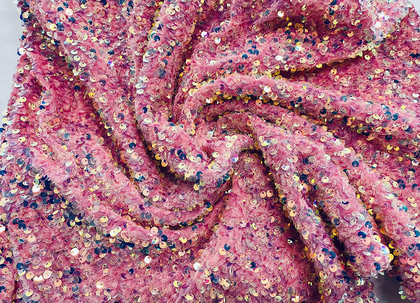Shiny 5mm Sequin On A 2 Way Stretch Velvet (1 Yard, Clear Iridescent/Pink)