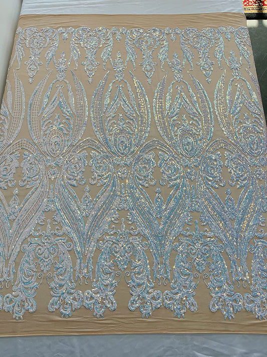 Empire Damask Design with Sequins Embroider On A 4 Way Stretch Mesh Fabric (1 Yard, Aqua Clear Iridescent on Nude Mesh)