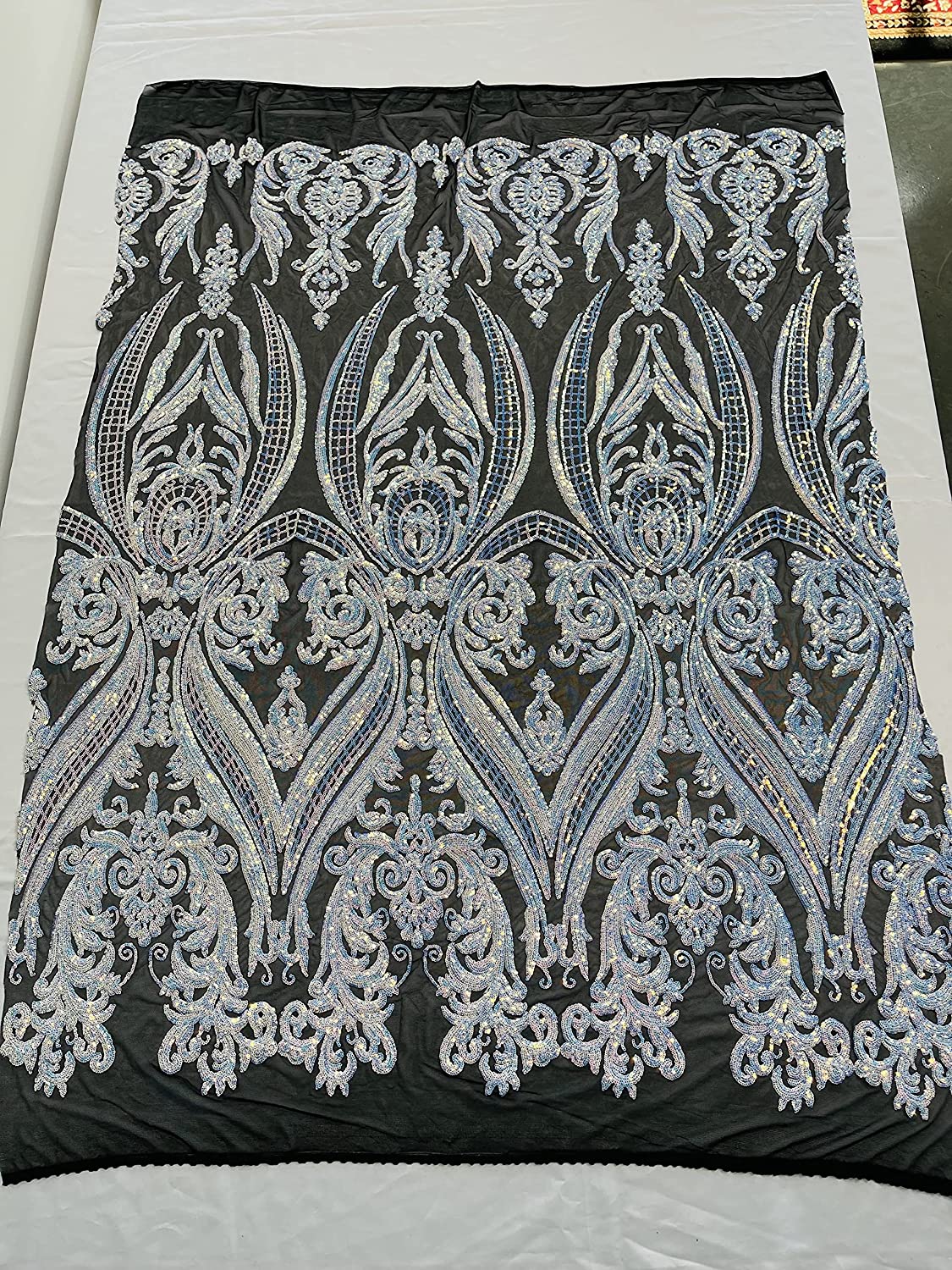 Empire Damask Design with Sequins Embroider On A 4 Way Stretch Mesh Fabric (1 Yard, Aqua Iridescent on Black Mesh)