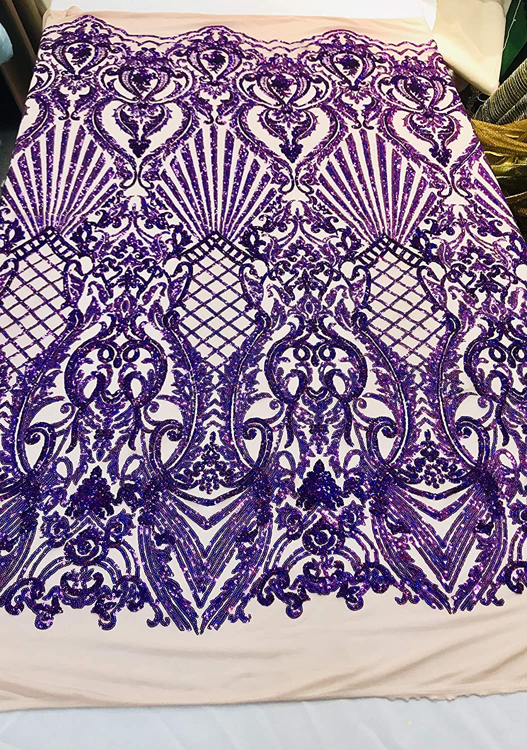 Damask Sequins Design on a 4 Way Stretch Mesh Fabric - for Night Gowns - Prom Dresses - (Purple on Nude, 1 Yard)