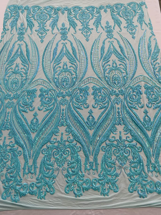 Empire Damask Design with Sequins Embroider On A 4 Way Stretch Mesh Fabric (1 Yard, Mint Aqua Iridescent on Mint Mesh)