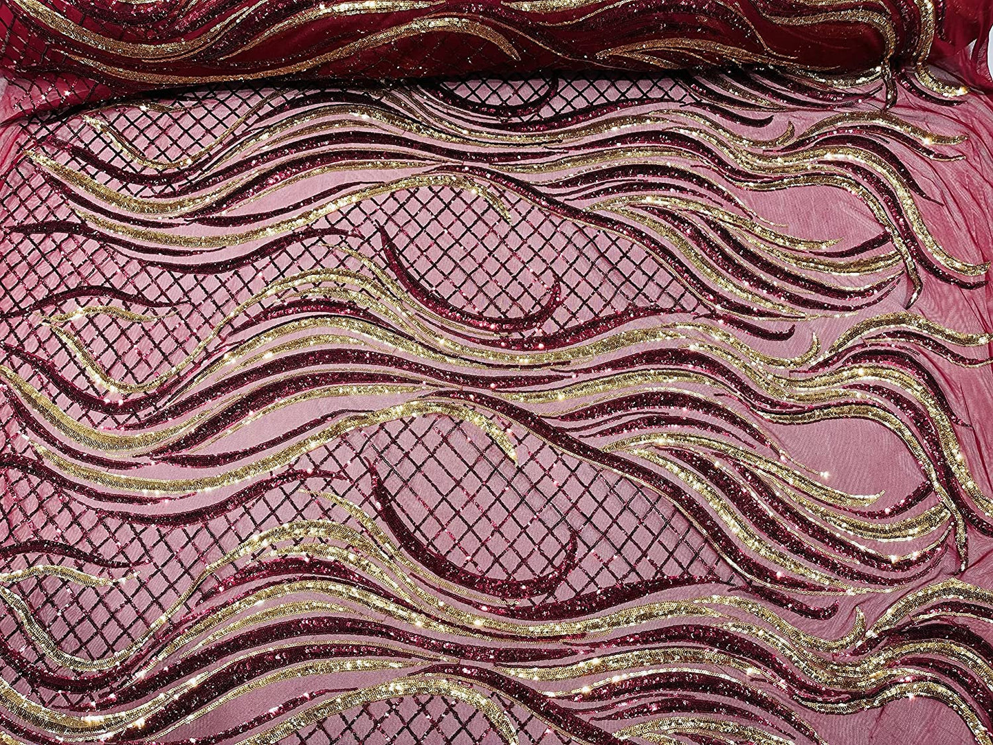 Sequin Flame Design On A 4 Way Stretch Mesh Fabric by The Yard (1 Yard, Gold/Burgundy)