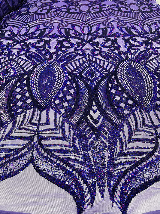 Iridescent Royalty Design On A 4 Way Stretch Mesh/Prom Fabric (1 Yard, Purple on Purple Mesh)