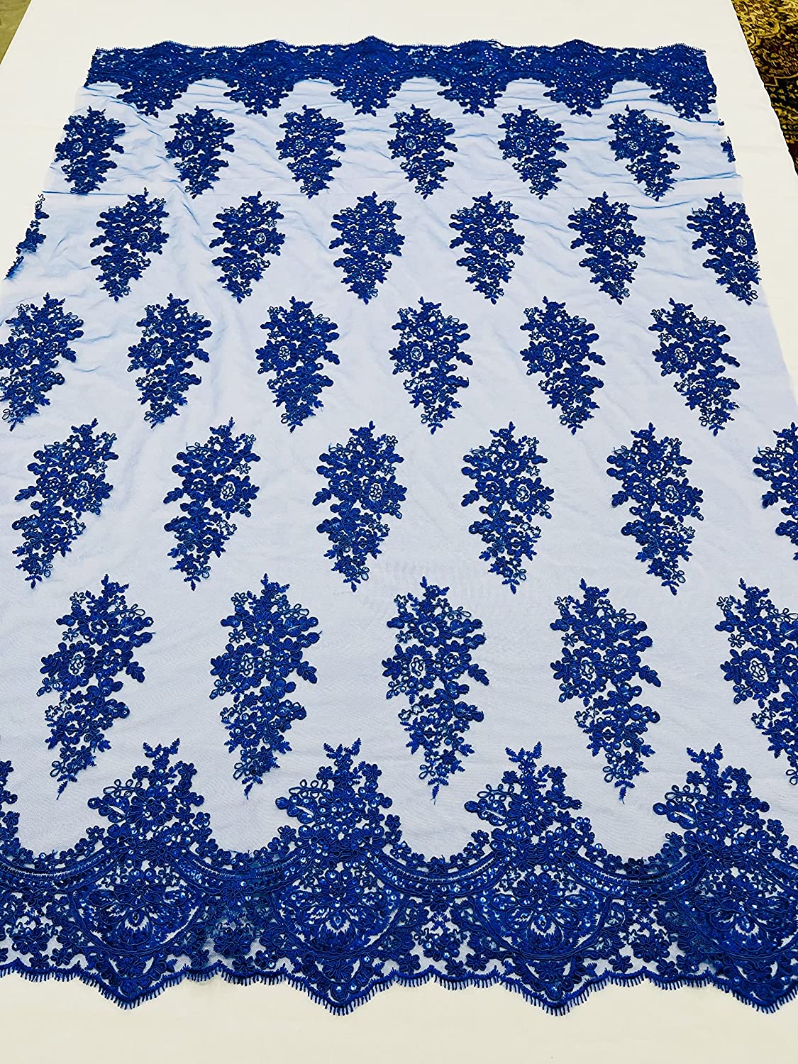 52/58" Wide Lexxi Embroidered with Clear Sequins On A Mesh Lace Fabric, Prom Fabric by The Yard (1 Yard, Royal Blue)