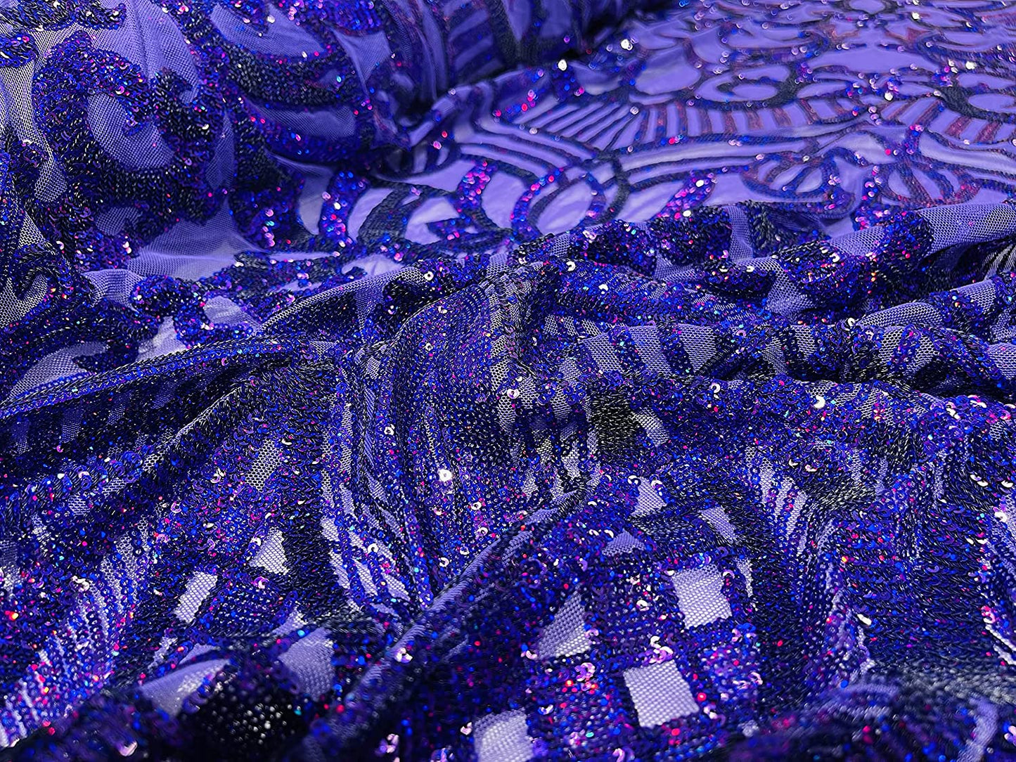 Iridescent Royalty Design On A 4 Way Stretch Mesh/Prom Fabric (1 Yard, Purple on Purple Mesh)