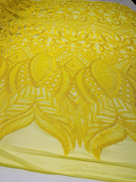 Iridescent Royalty Design On A 4 Way Stretch Mesh/Prom Fabric (1 Yard, Bright Yellow on Yellow Mesh)