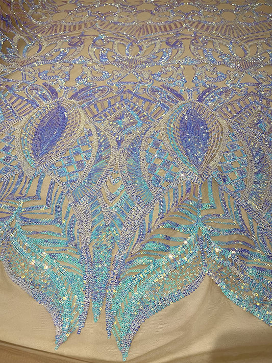 Iridescent Royalty Design On A 4 Way Stretch Mesh/Prom Fabric (1 Yard, Aqua Clear on Nude Mesh)