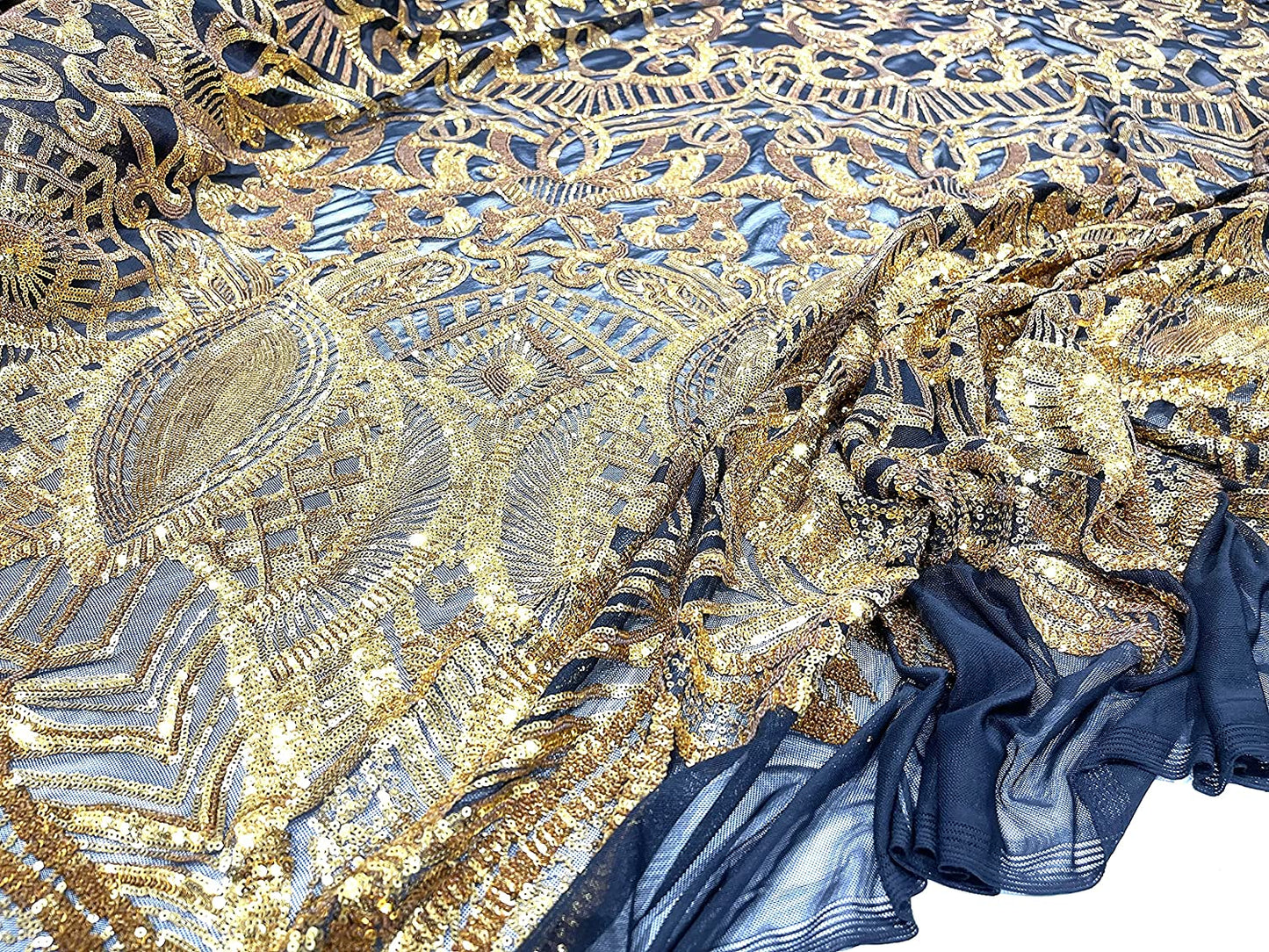 Iridescent Royalty Design On A 4 Way Stretch Mesh/Prom Fabric (1 Yard, Dark Gold on Black)