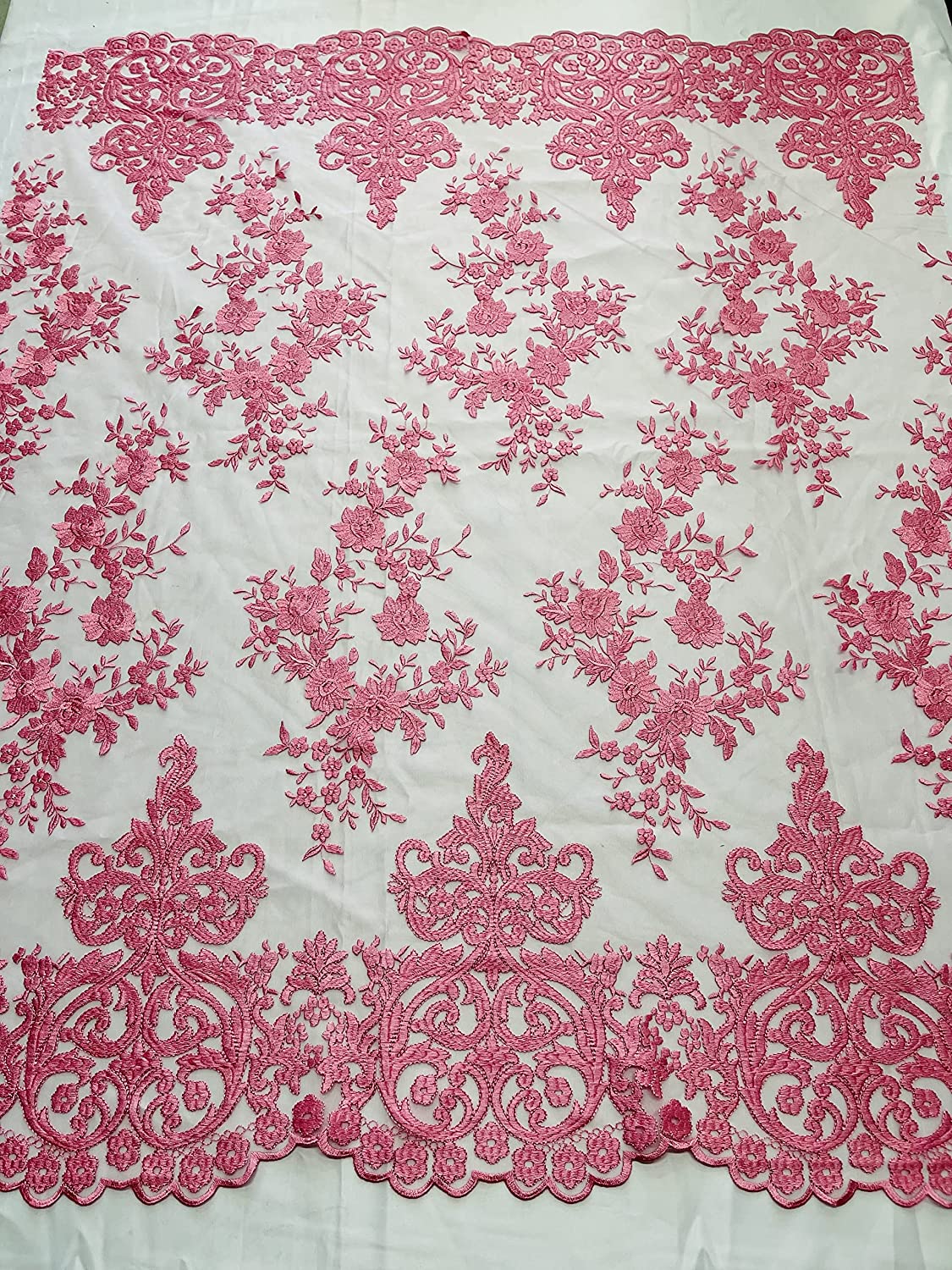 54" Wide Elegant Flower Damask Flat Lace Embroidery On A Mesh (1 Yard, Candy Pink)