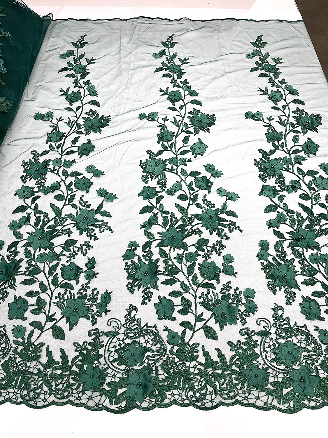 Emily 3-D Floral Design Embroider with Pearls On A Mesh Lace Fabric (1 Yard, Hunter Green)