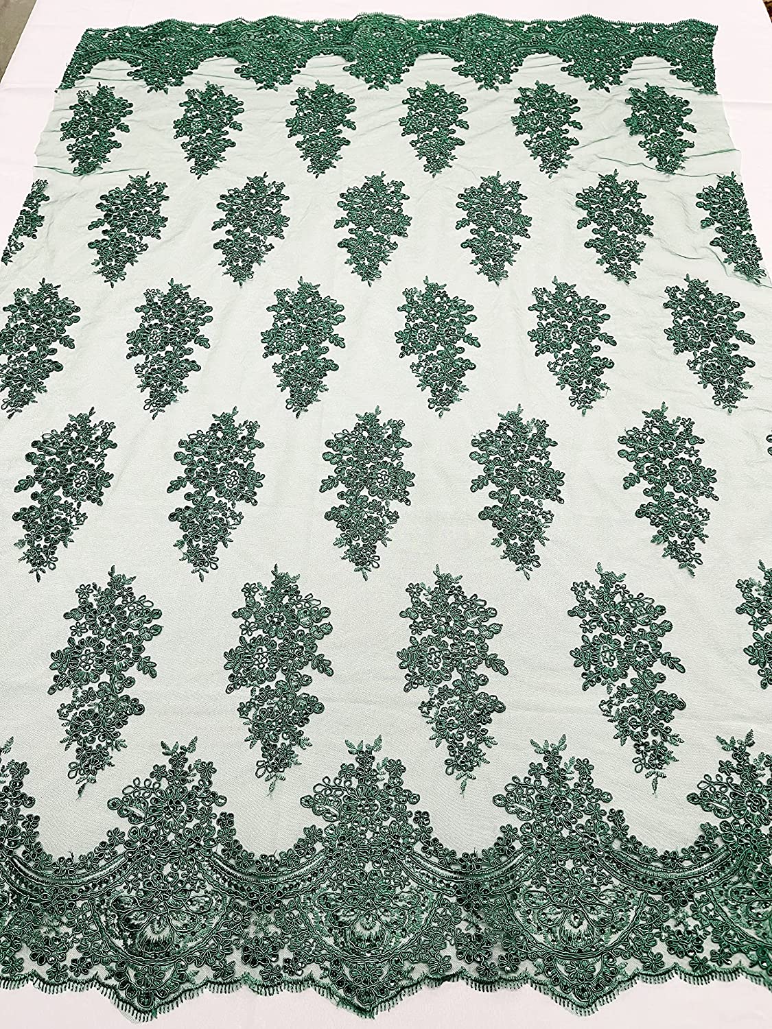 52/58" Wide Lexxi Embroidered with Clear Sequins On A Mesh Lace Fabric, Prom Fabric by The Yard (1 Yard, Hunter Green)