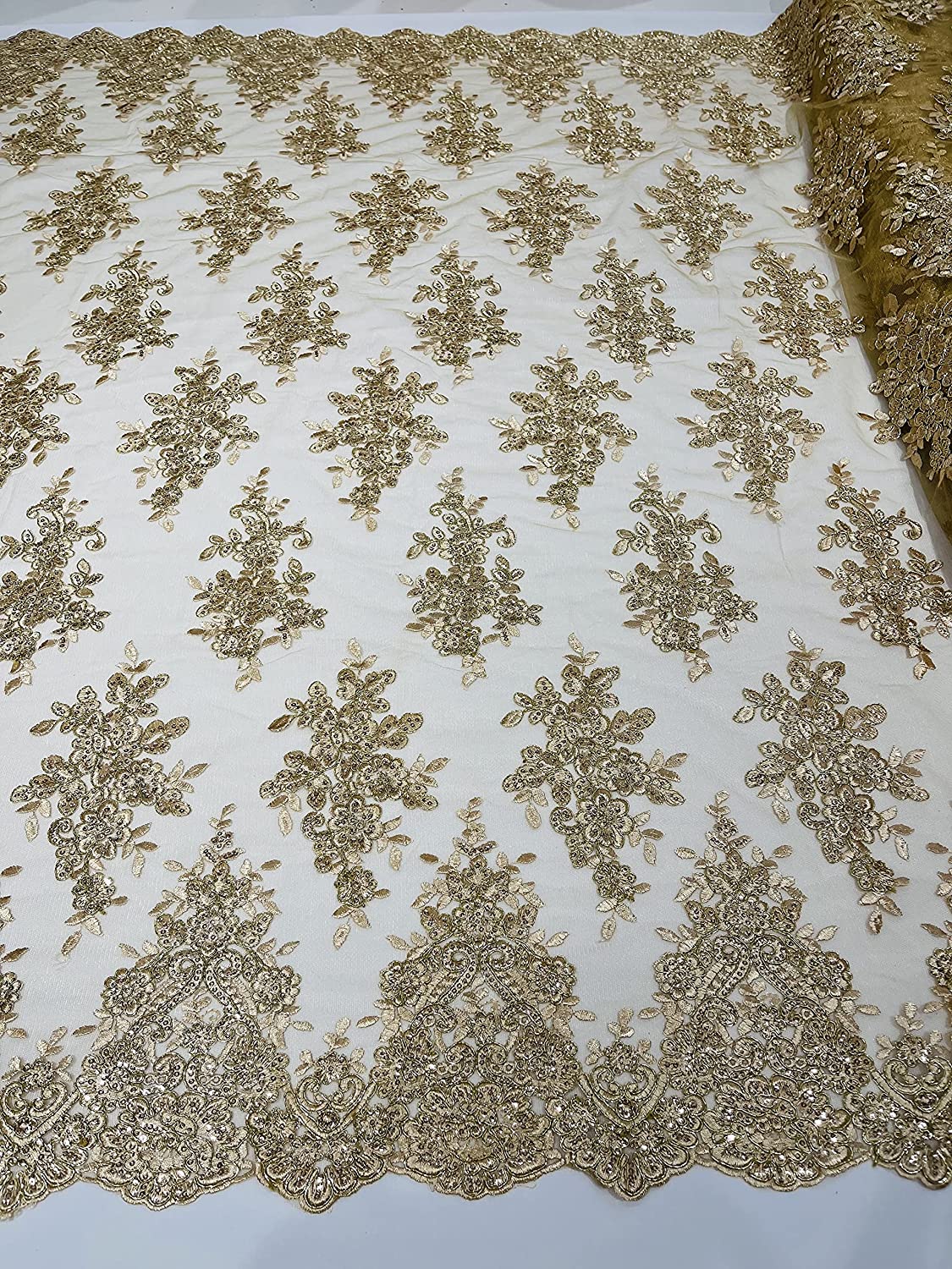 50" Wide Floral Design Embroidery On A Mesh Lace with Sequins and Cord Fabric (1 Yard, Metallic Champagne)