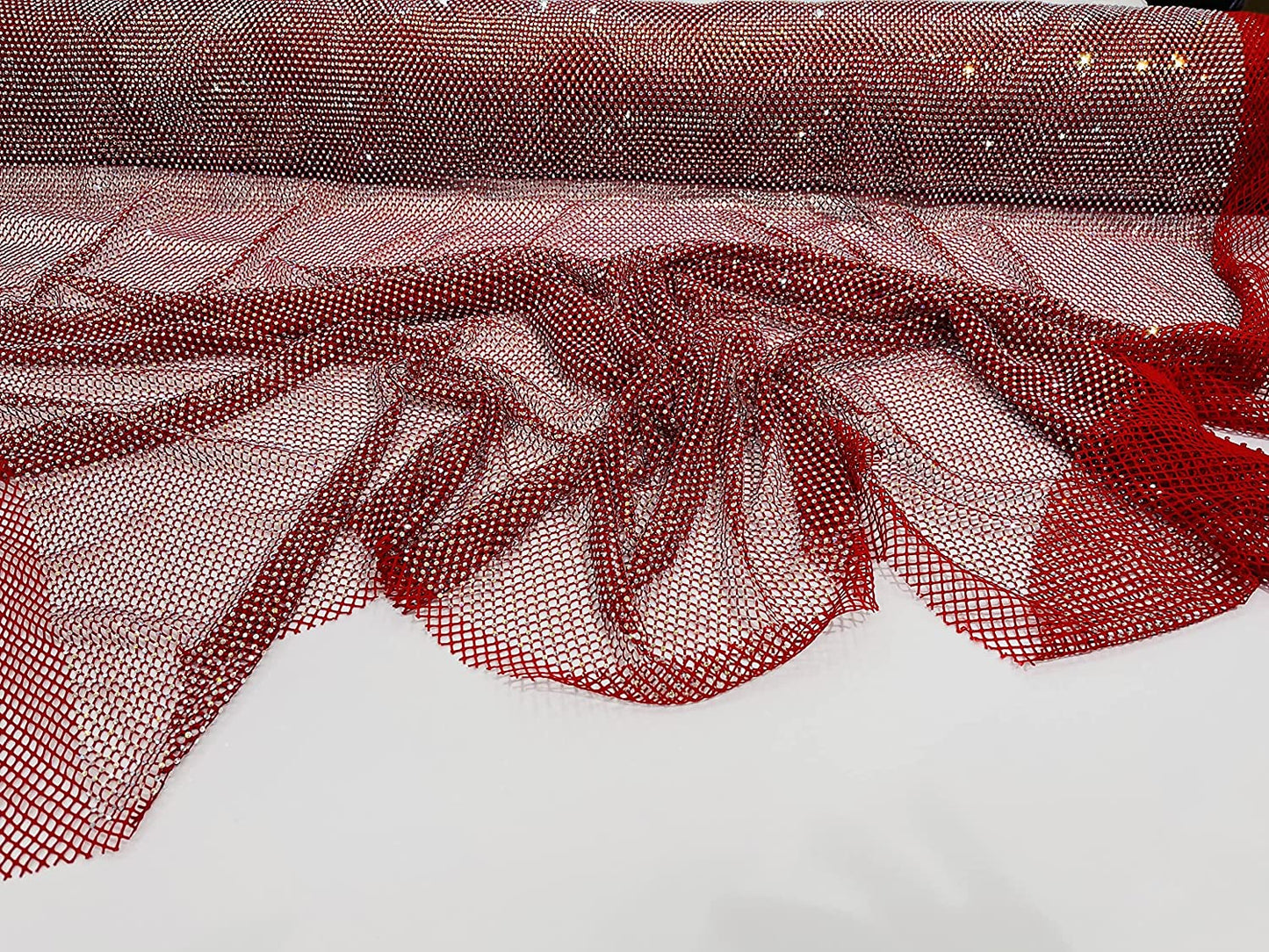 45" Wide AB Iridescent Rhinestone On Soft Stretch Fish Net Fabric by The Yard (1 Yard, Iridescent Rhinestones on Red Mesh)