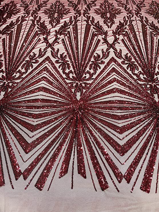 Diamond Damask Design On A Nude 4 Way Stretch Mesh/Prom Fabric (1 Yard, Burgundy)