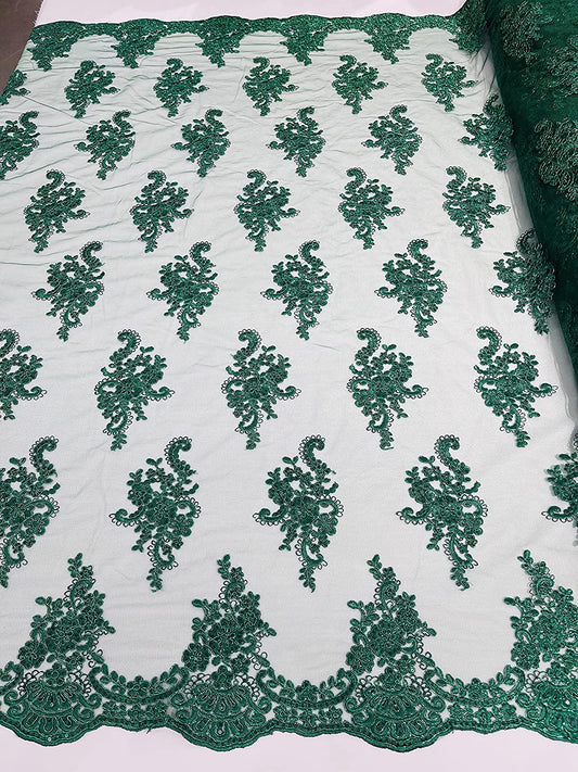 50" Wide New Floral Design Embroidery On A Mesh Lace with Sequins and Cord (1 Yard, Metallic Hunter Green)